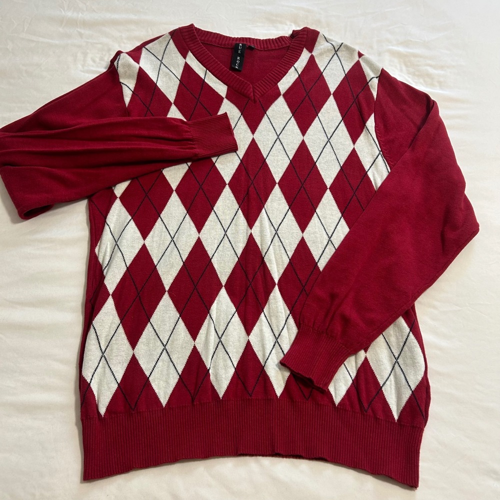 True Rock Mens XL V-Neck Argyle Sweater Red White Blue 100% Cotton Knit